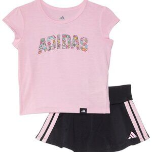 Adidas Girls Short Sleeve Pleated Tee Shirt Flounce Skort/Skirt Set - 24M / 2T